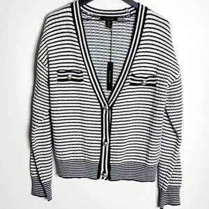 NWT Tahari Navy Stripes Knit Cotton Blend Nautical Cardigan Sweater Women Size L